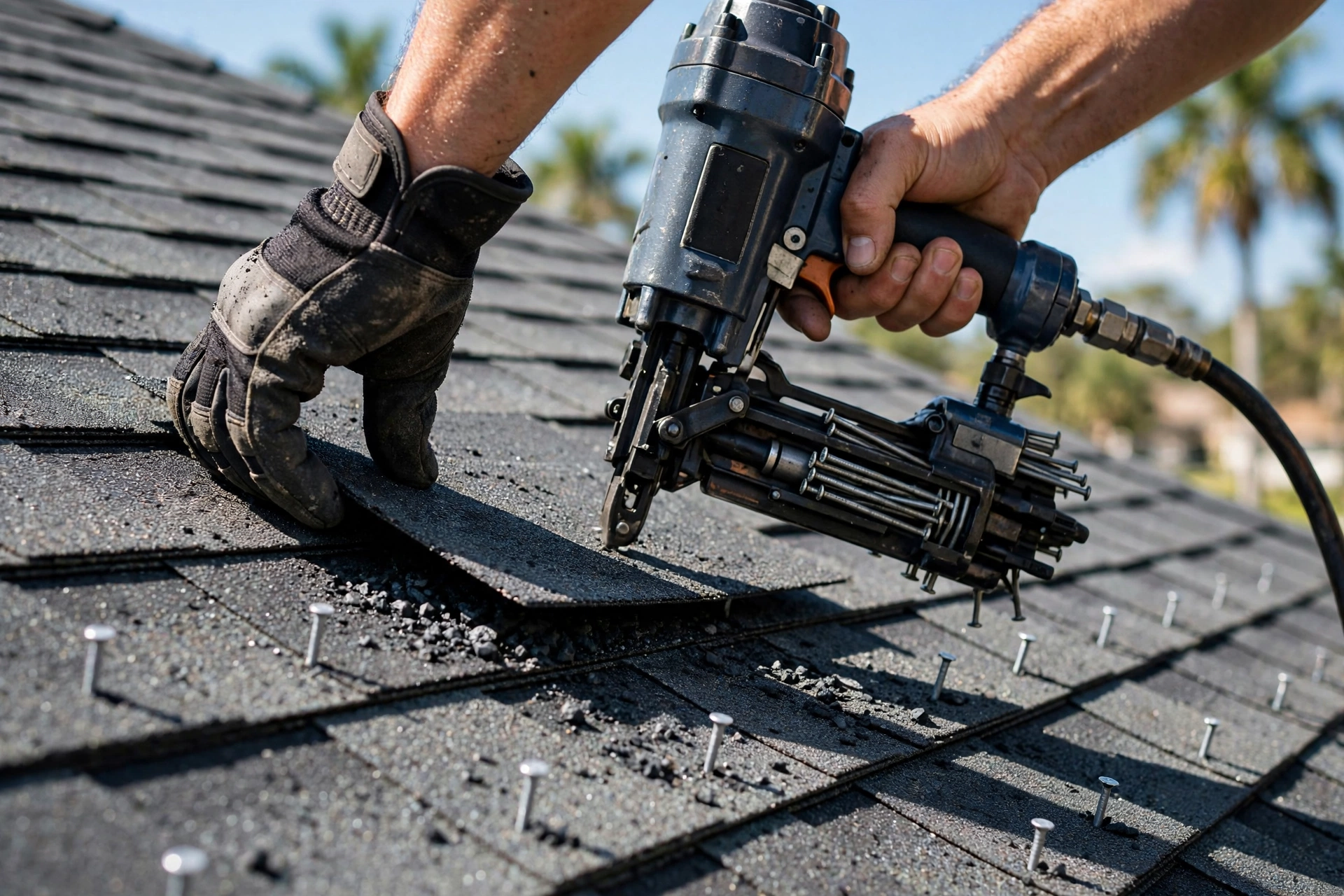 Roofer nailing shingles during a roof repair in Plant City, FL