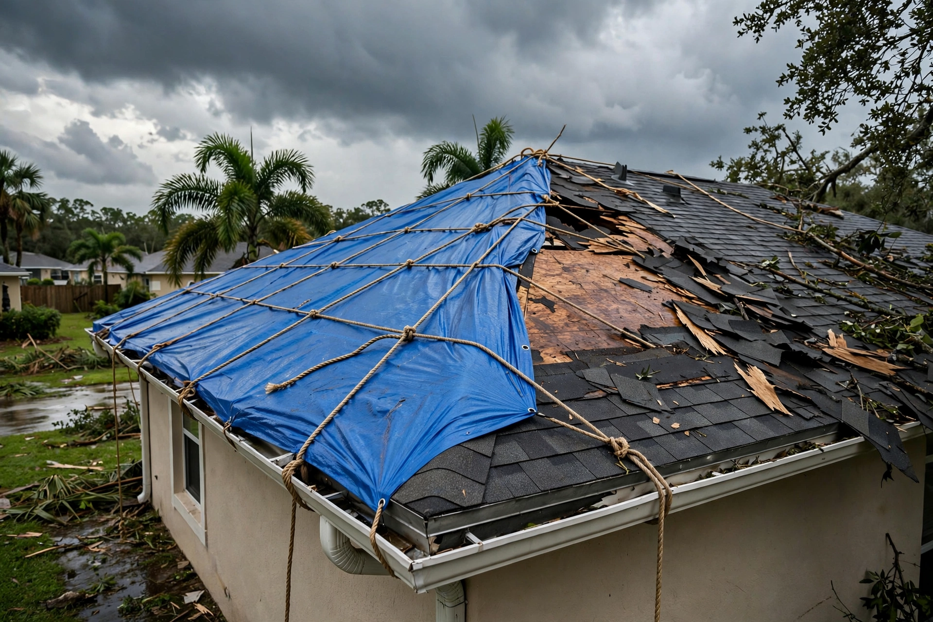 Emergency blue tarp secured over a storm-damaged roof in Plant City, FL